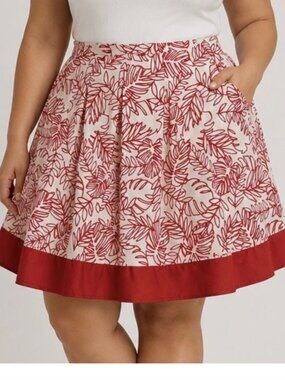 Lane Bryant Palm Leaf Print Linen Blend Pleated A-line Skirt Orange